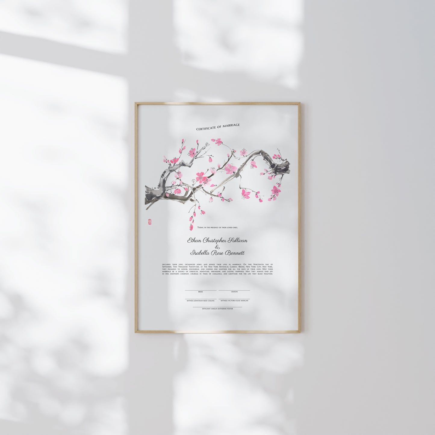 New York Botanical Garden Cherry Blossom marriage certificate print | Timeless Watercolor Wedding Certificate