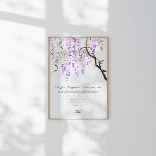 Cascading Wisteria Marriage Certificate | Botanical Quaker Wedding Certificate | Museum-Quality Artwork