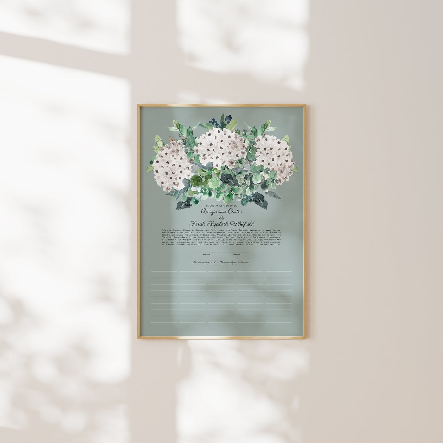 Hydrangea Garden Marriage Certificate | Contemporary Botanical Fine Art | Personalized Quaker Wedding Certificate