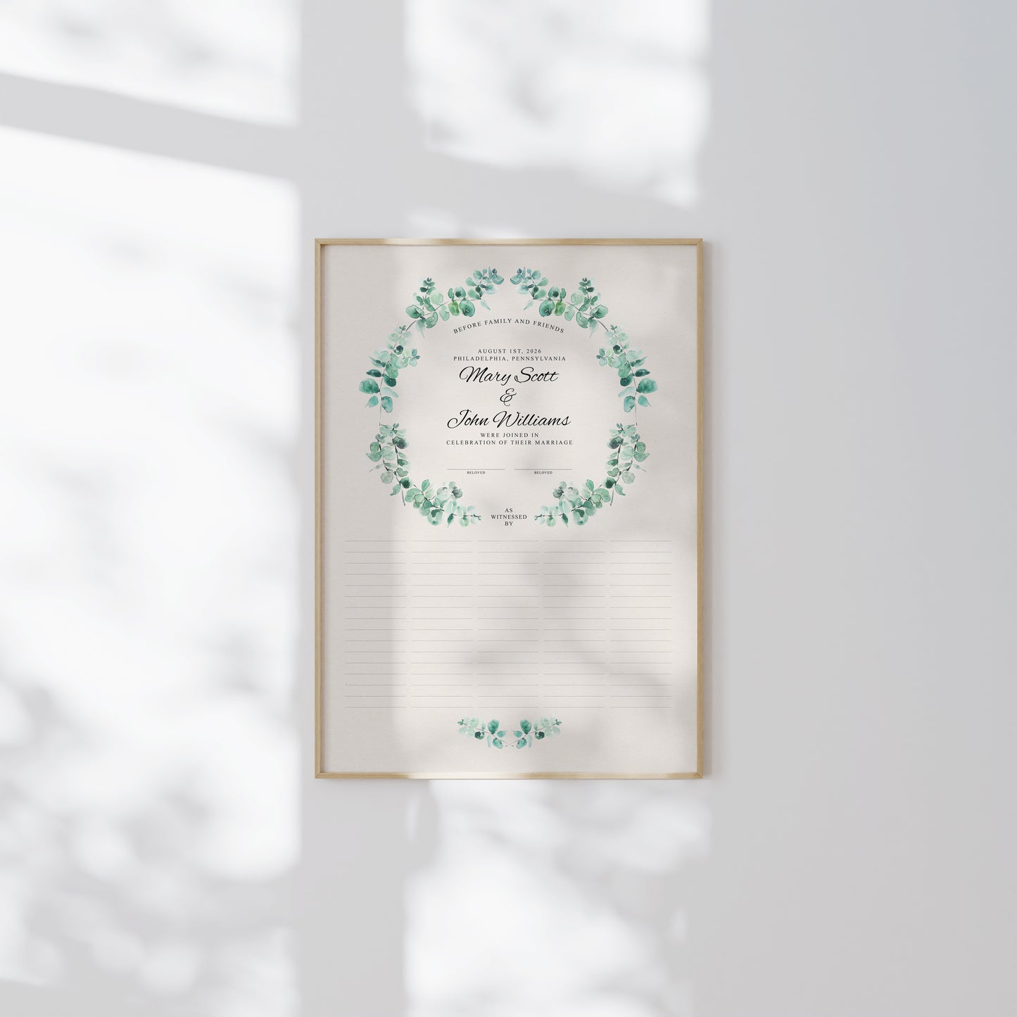 Circle of Renewal Eucalyptus Wreath Wedding Certificate | Personalized Quaker Marriage Keepsake | Evergreen Covenant Wreath of Unity