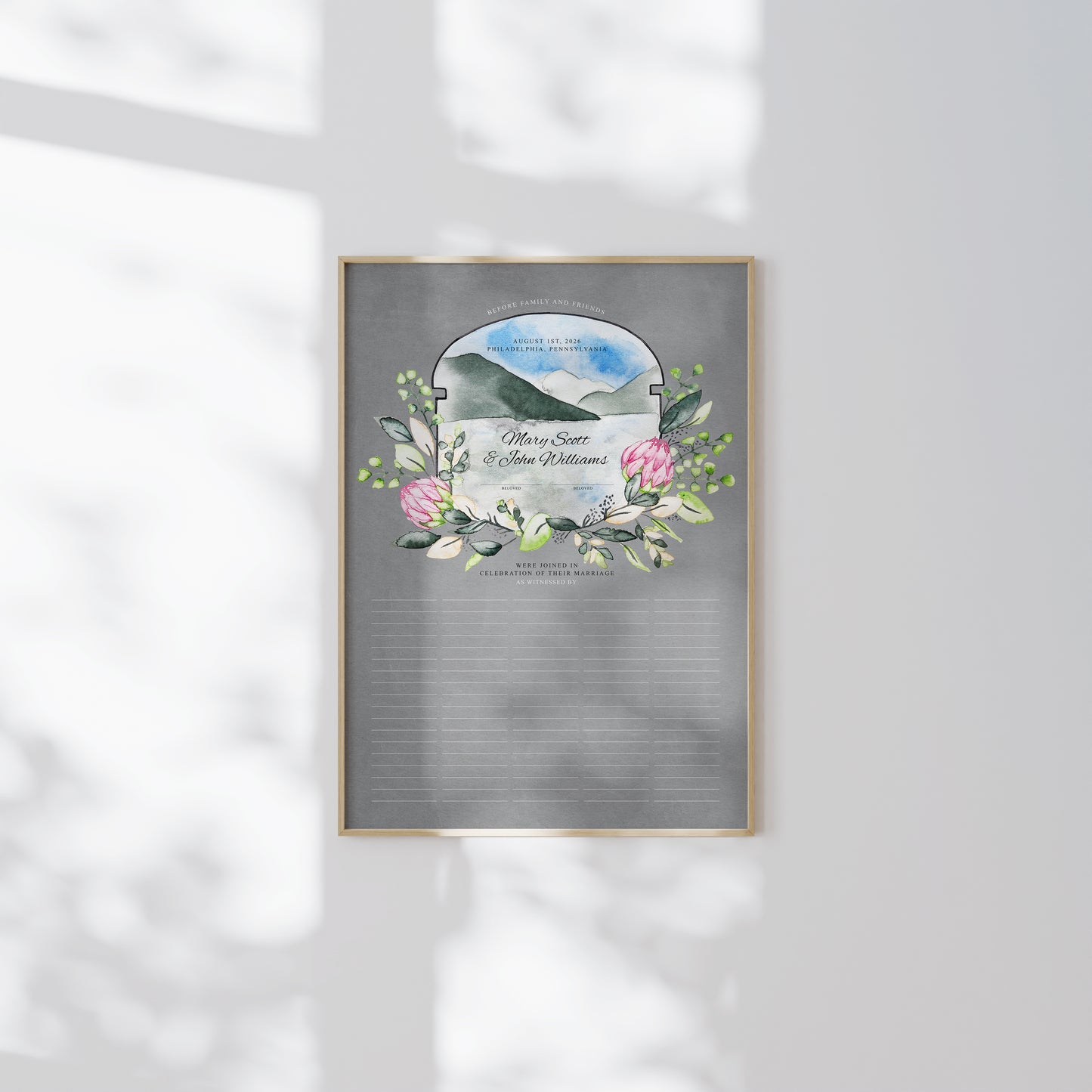 Modern King Protea Quaker Marriage Certificate | Tranquil Mountain Lake Boho Wedding | Fine Art Marriage Keepsake