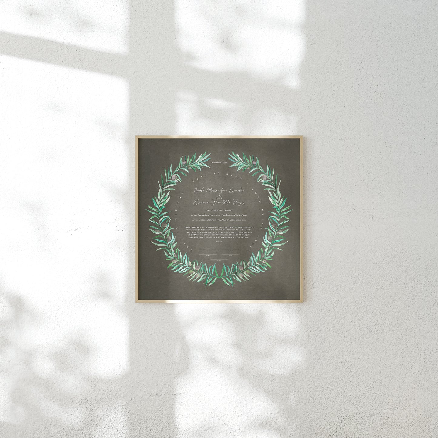 Olive Wreath Wedding Certificate, Botanical Fine Art Print | Peace & Unity | Gift for the Couple, Ceremony Keepsake