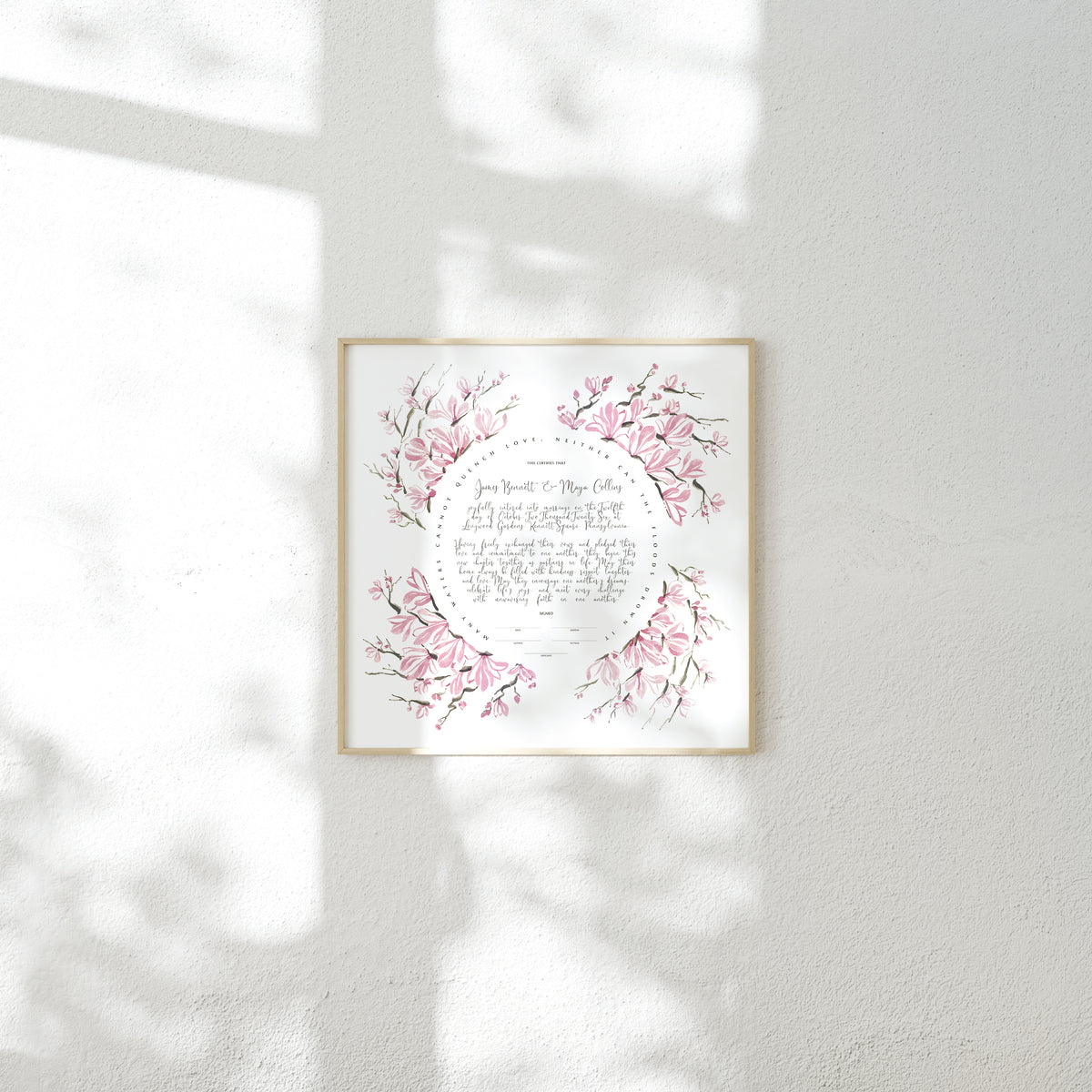 Pink Saucer Magnolia Wedding Certificate, Botanical Watercolor Print | Beauty, Grace & New Beginnings | Elegant Ceremony Keepsake