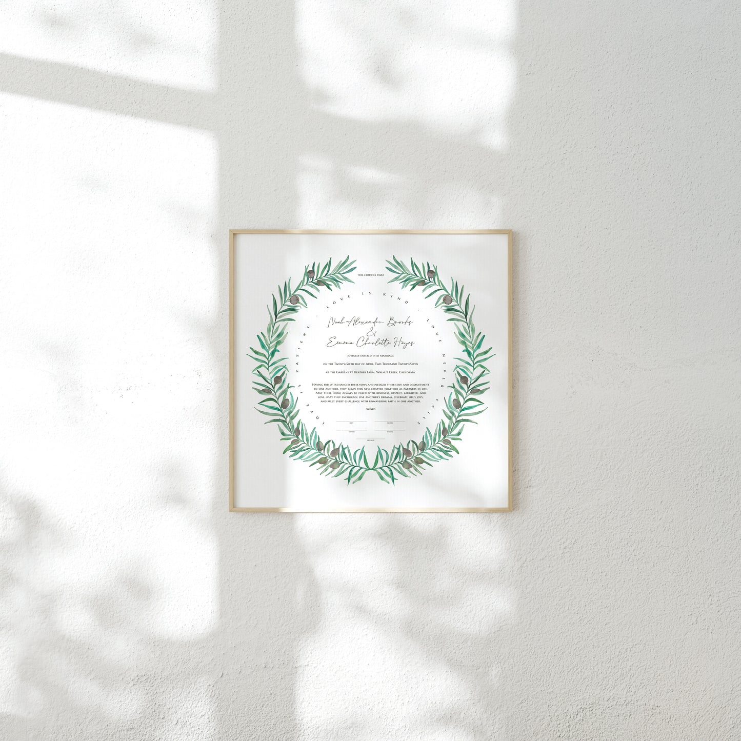 Olive Wreath Wedding Certificate, Botanical Fine Art Print | Peace & Unity | Gift for the Couple, Ceremony Keepsake
