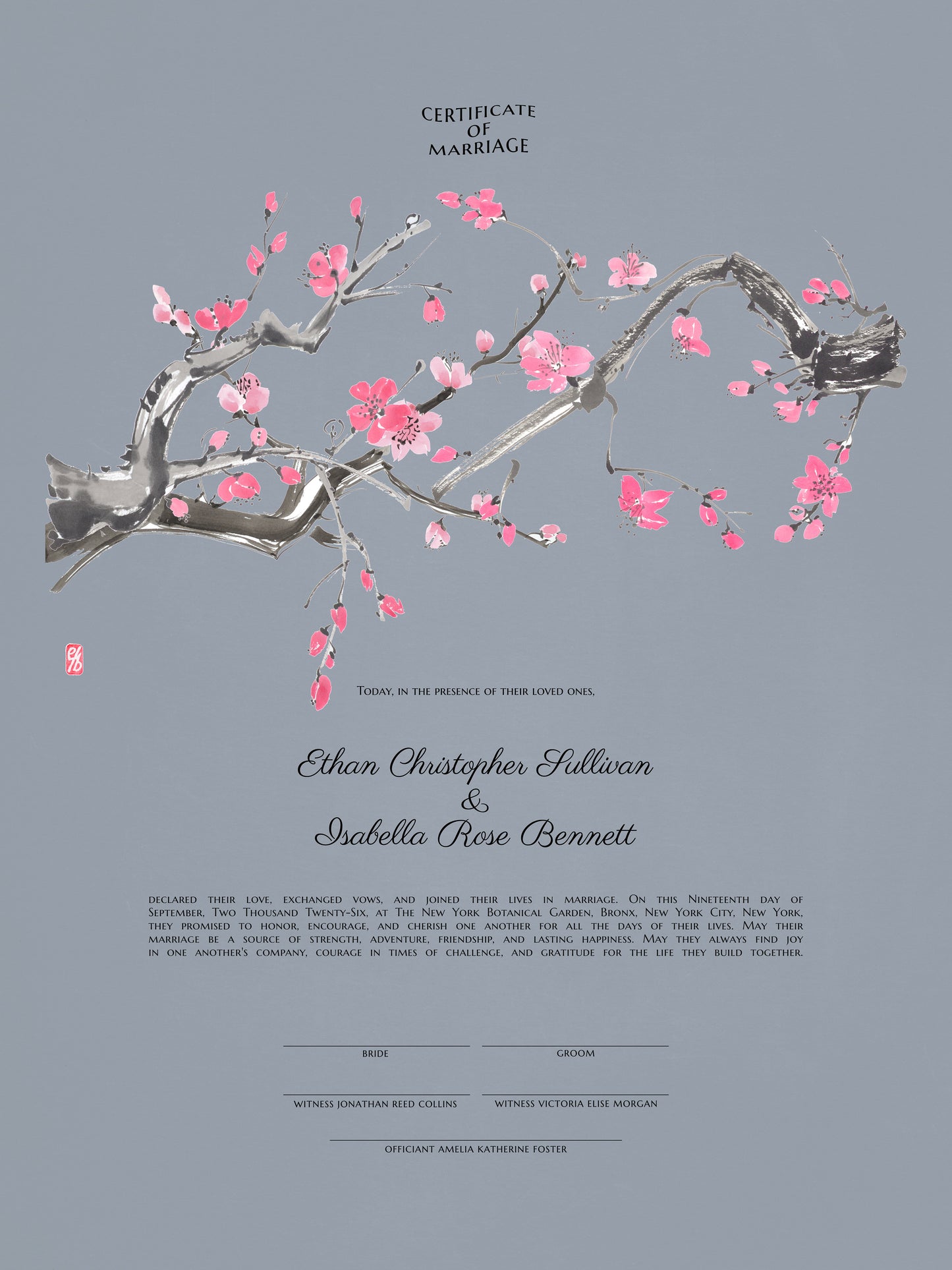 New York Botanical Garden Cherry Blossom marriage certificate print | Timeless Watercolor Wedding Certificate
