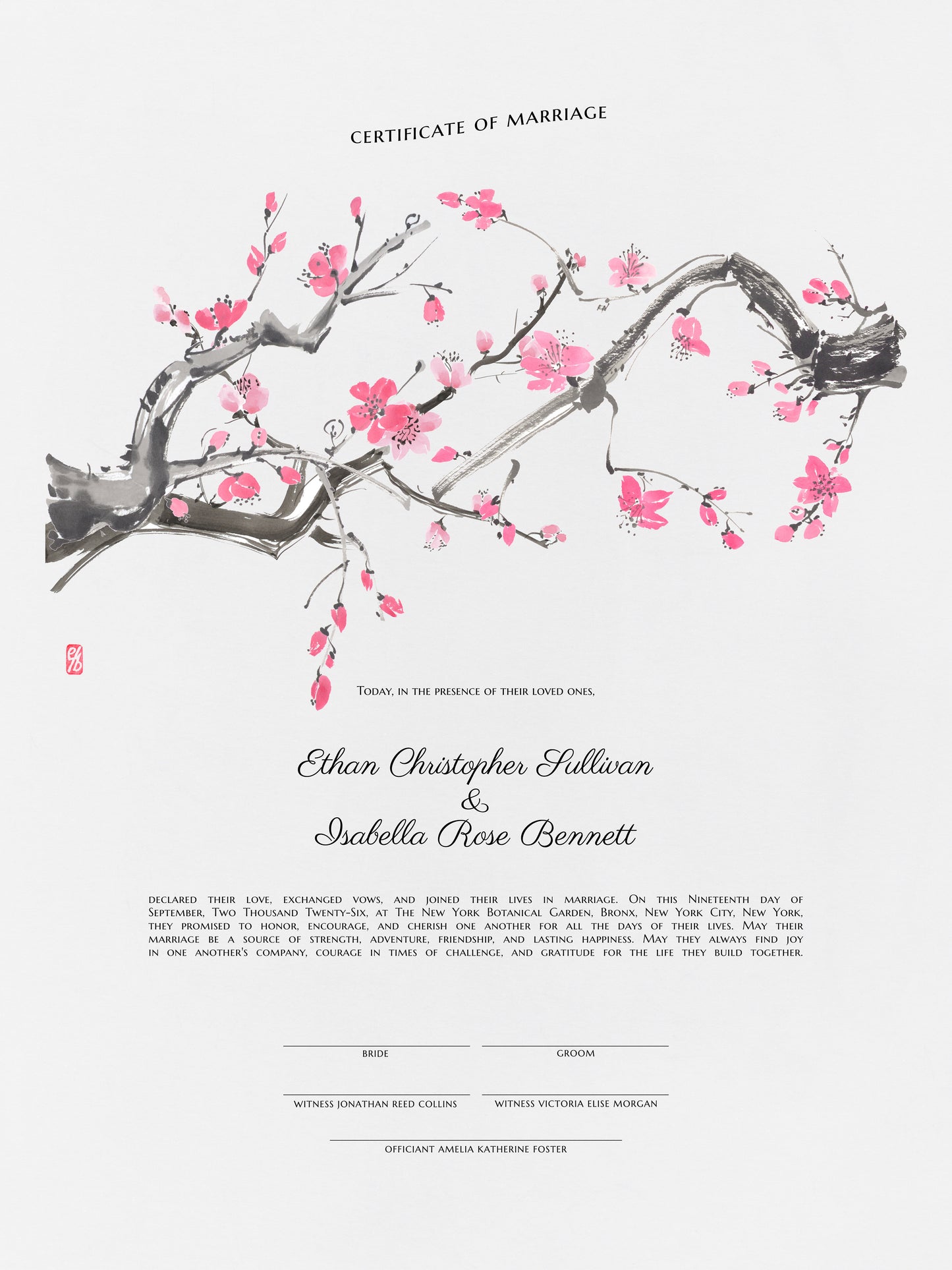 New York Botanical Garden Cherry Blossom marriage certificate print | Timeless Watercolor Wedding Certificate