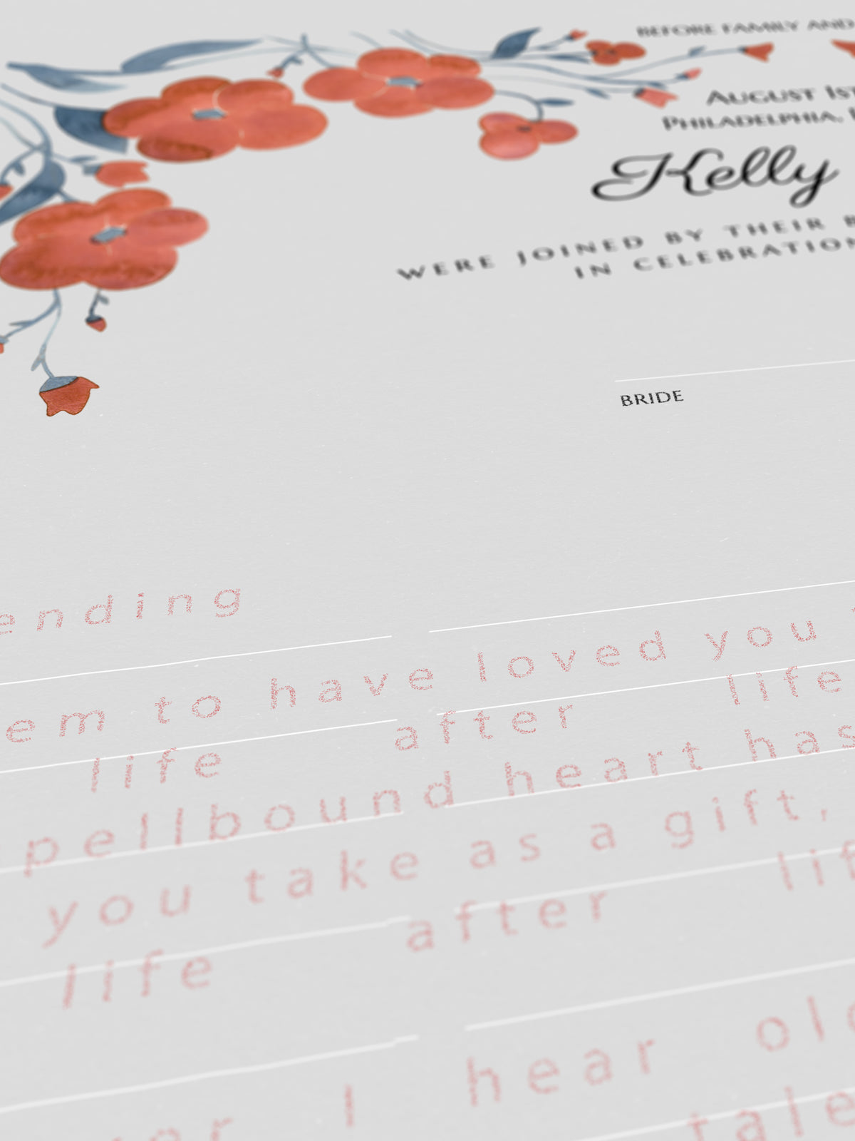 Unending Love Red Anemones | Modern Quaker marriage Wedding certificate | Heirloom Keepsake | Gift featuring Rabindranath Tagore's Poem