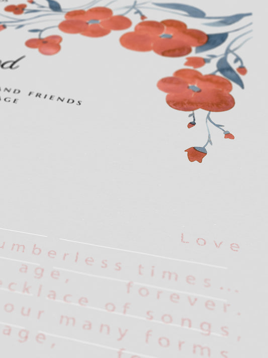 Unending Love Red Anemones | Modern Quaker marriage Wedding certificate | Heirloom Keepsake | Gift featuring Rabindranath Tagore's Poem
