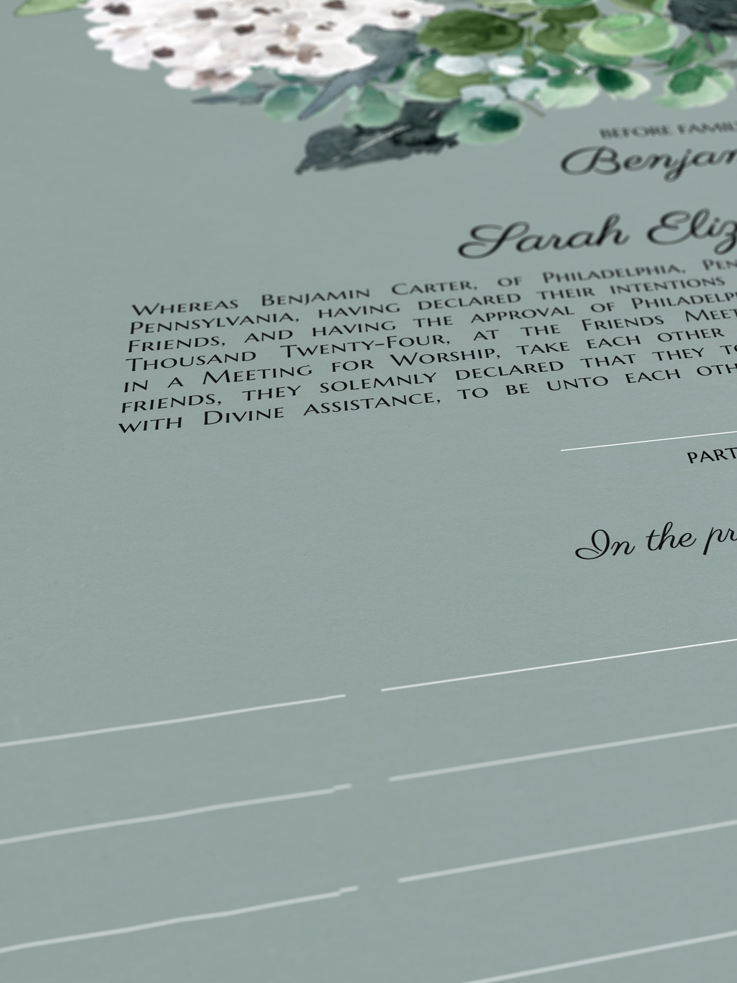Hydrangea Garden Marriage Certificate | Contemporary Botanical Fine Art | Personalized Quaker Wedding Certificate