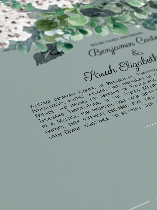 Hydrangea Garden Marriage Certificate | Contemporary Botanical Fine Art | Personalized Quaker Wedding Certificate