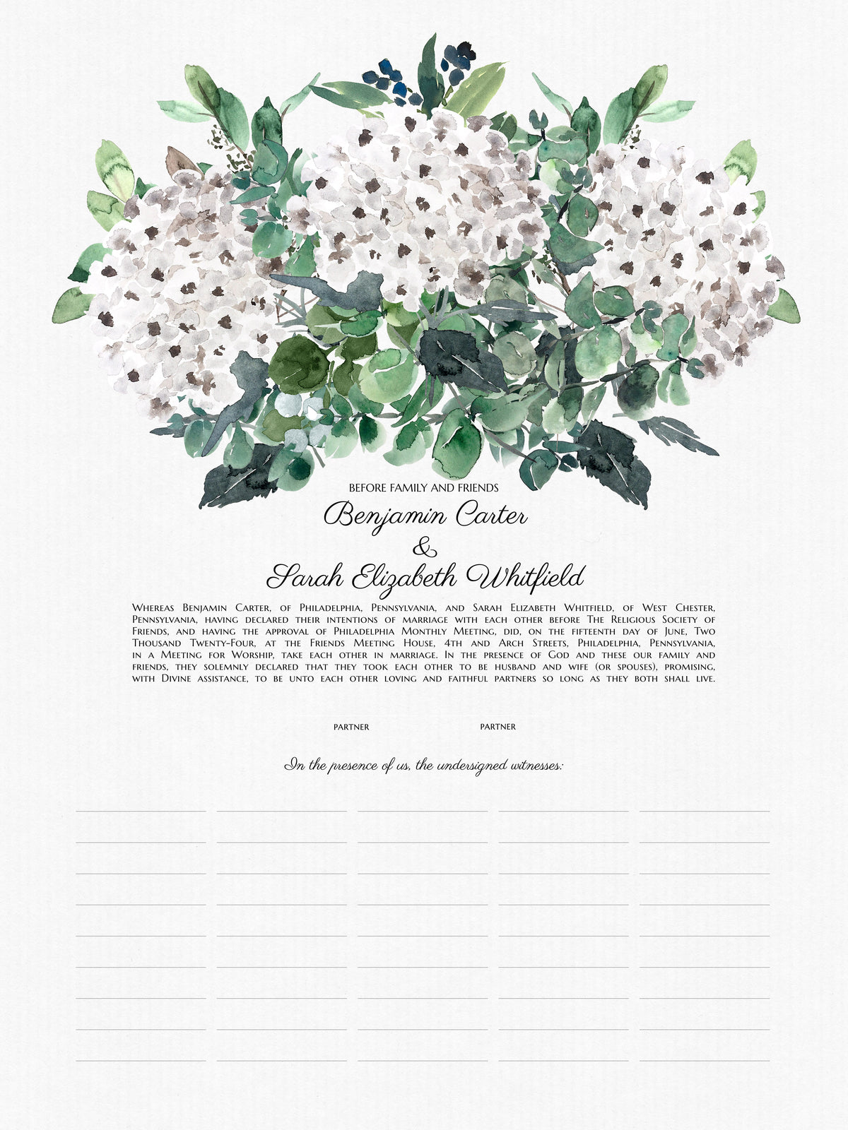 Hydrangea Garden Marriage Certificate | Contemporary Botanical Fine Art | Personalized Quaker Wedding Certificate