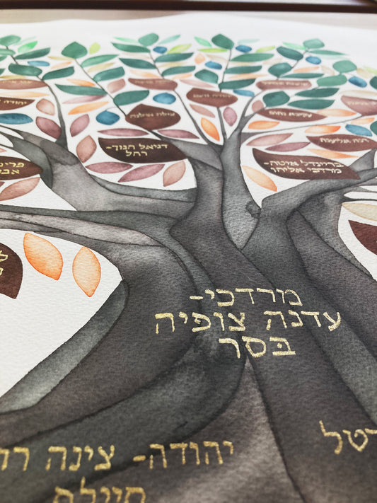 Custom Ancestry Tree watercolor <> Gold calligraphy Tree of life Jewish art