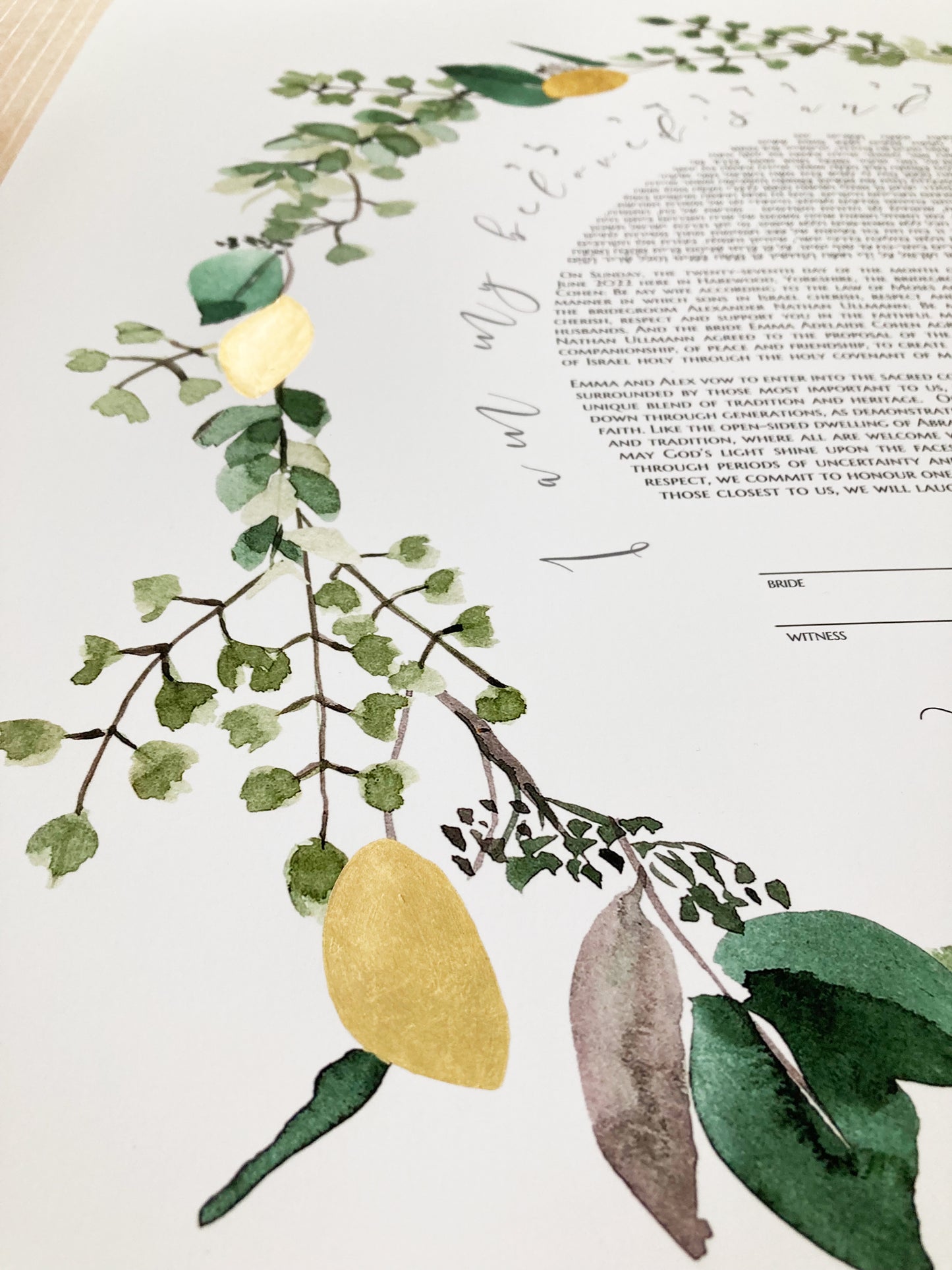 Six leaves Star of David Real Gold Gilded Bohemian Greenery Trilingual Ketubah Print