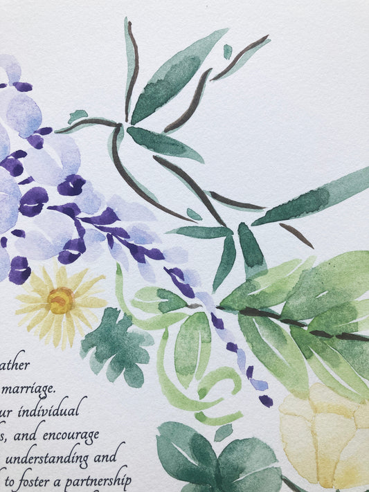 Custom Flower Wreath Watercolor Ketubah > printed text modern ketubah