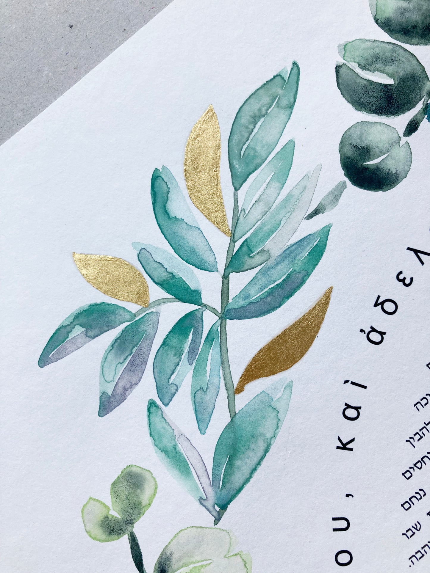 Mediterranean Botanical Ketubah | Trilingual Greek–Hebrew–English | Olive & Eucalyptus Watercolor