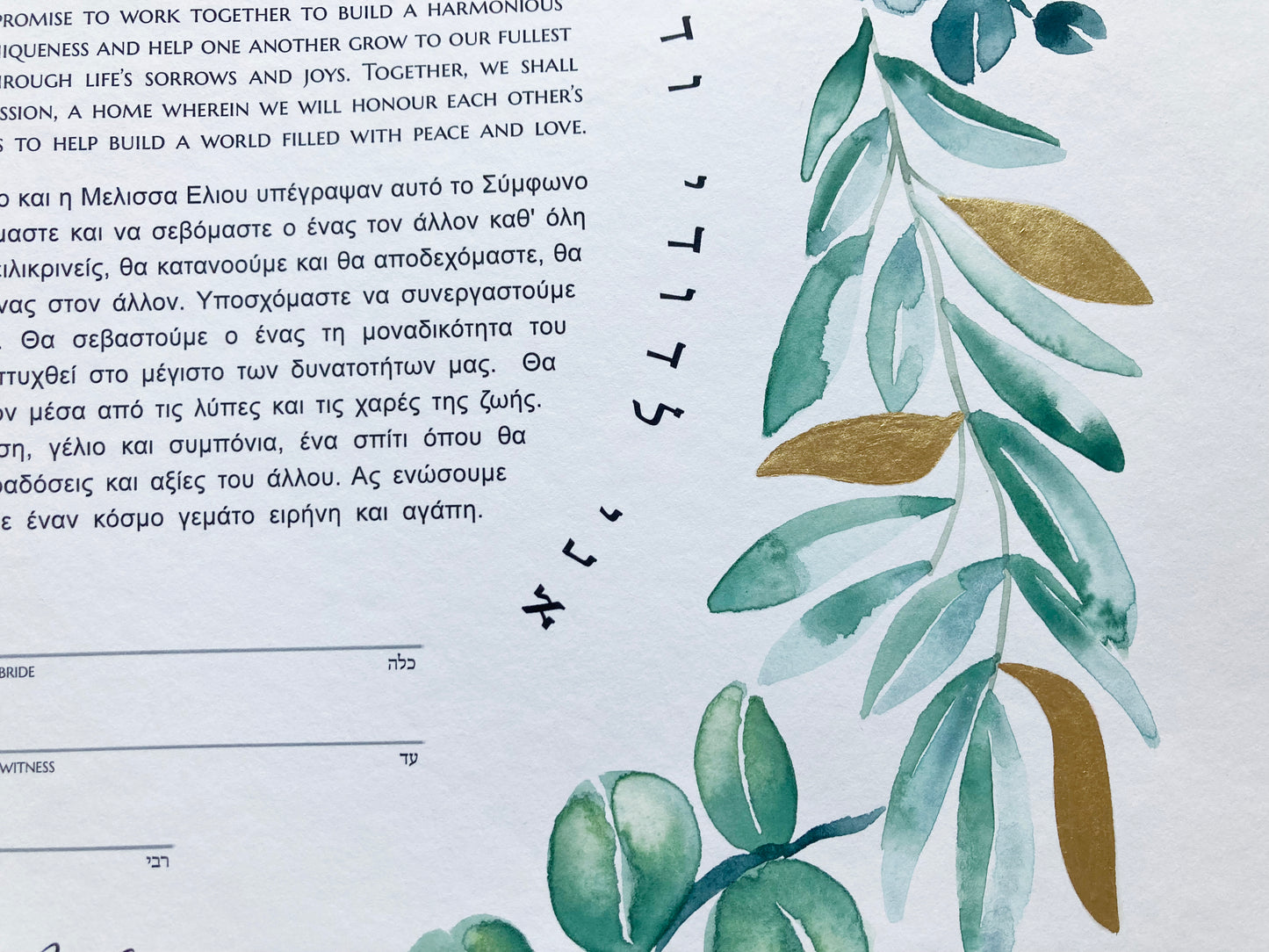 Mediterranean Botanical Ketubah | Trilingual Greek–Hebrew–English | Olive & Eucalyptus Watercolor