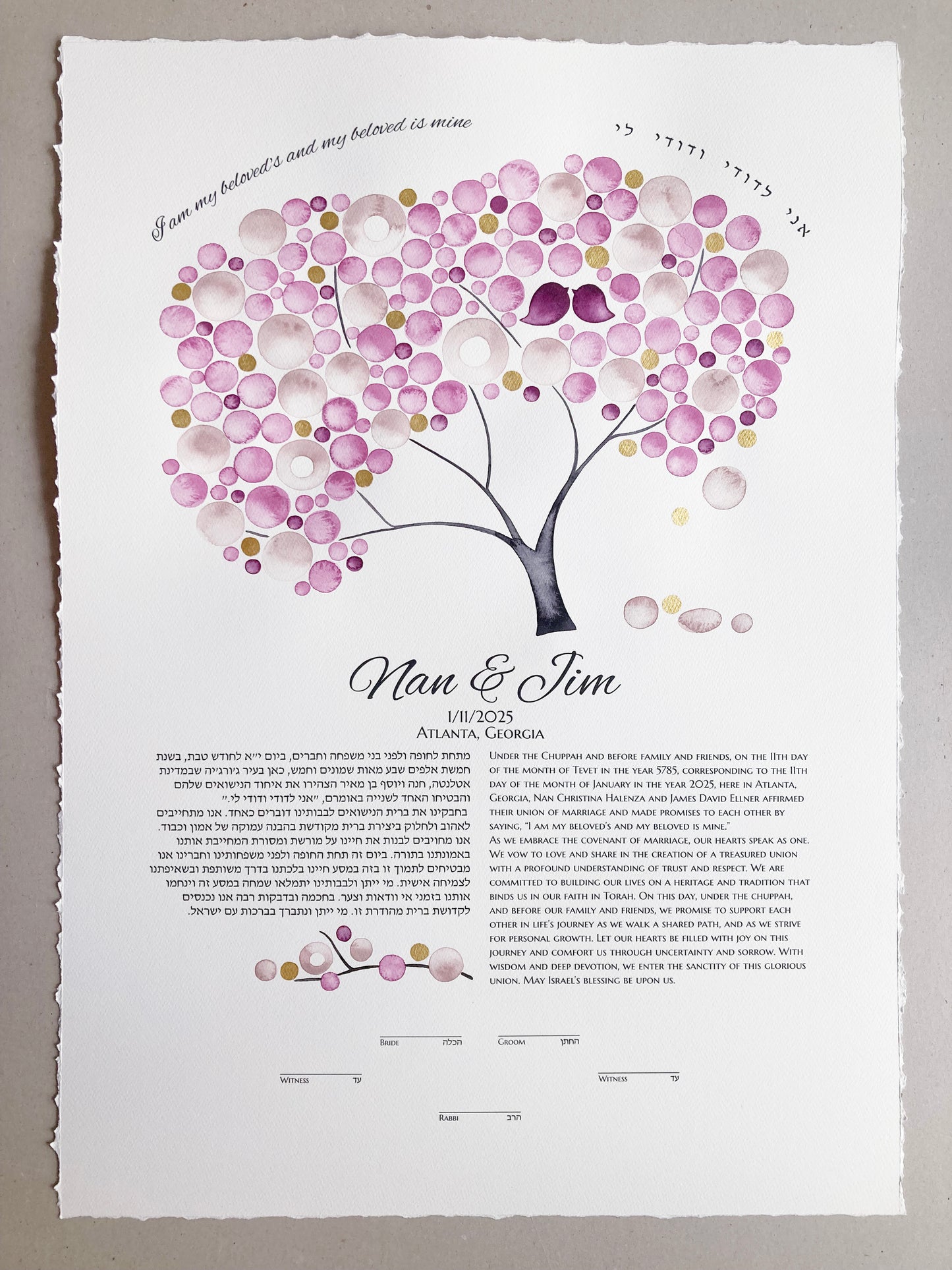 Reserved Listing for Nan H. - Gold Blush Lovebirds Tree of Life Ketubah | Watercolor Jewish Wedding Certificate | Personalized with Modern Printed Text