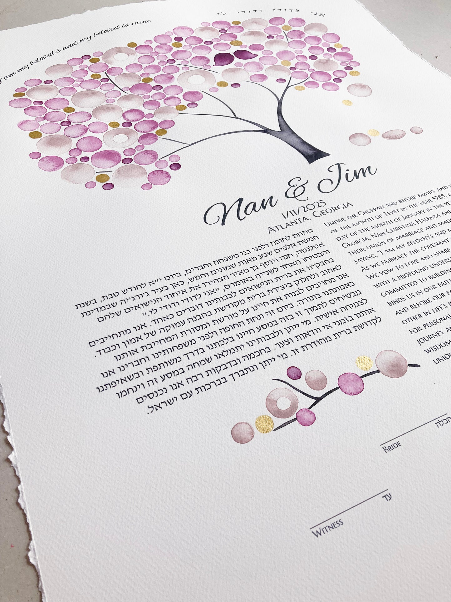Reserved Listing for Nan H. - Gold Blush Lovebirds Tree of Life Ketubah | Watercolor Jewish Wedding Certificate | Personalized with Modern Printed Text