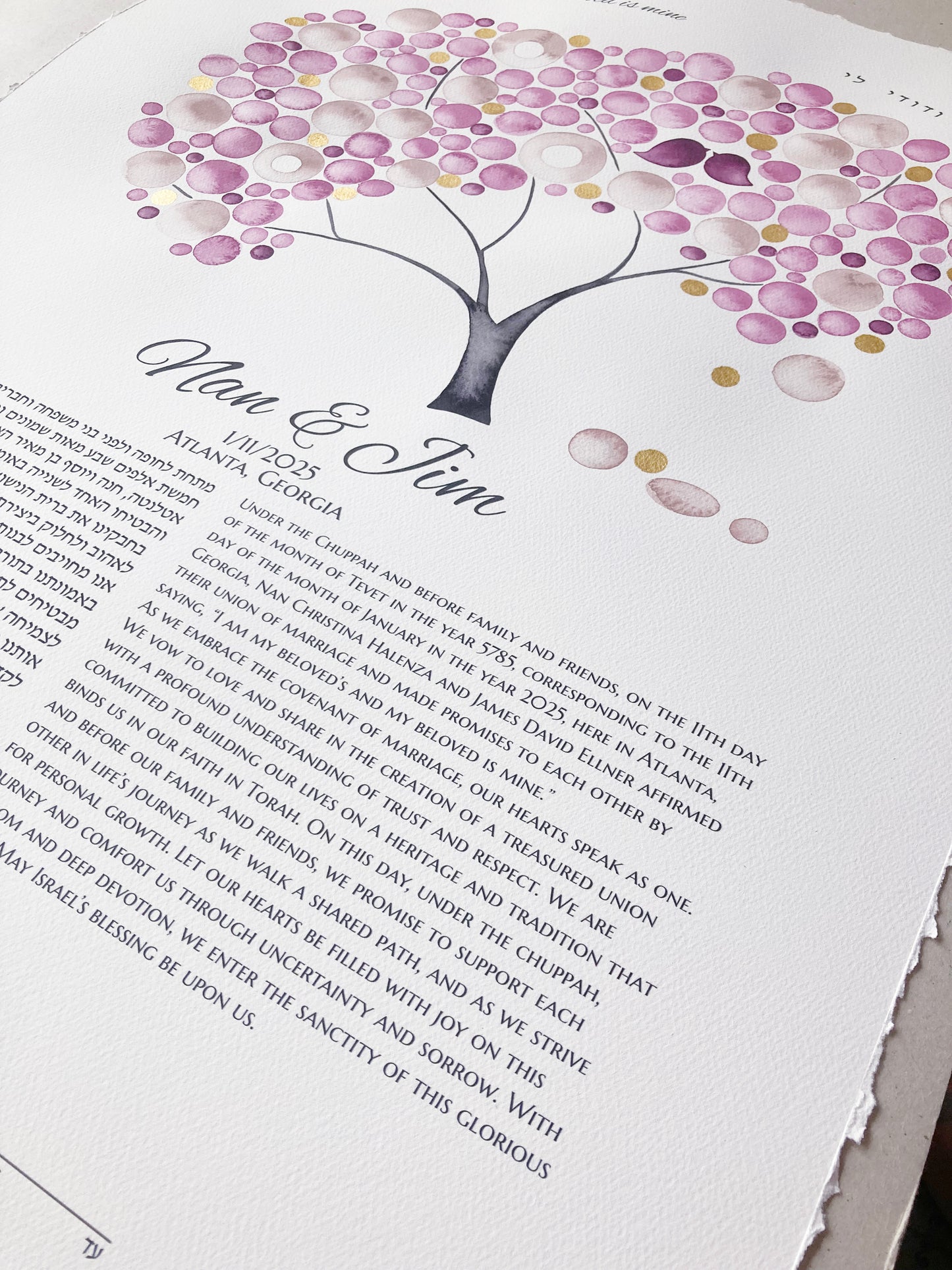 Reserved Listing for Nan H. - Gold Blush Lovebirds Tree of Life Ketubah | Watercolor Jewish Wedding Certificate | Personalized with Modern Printed Text