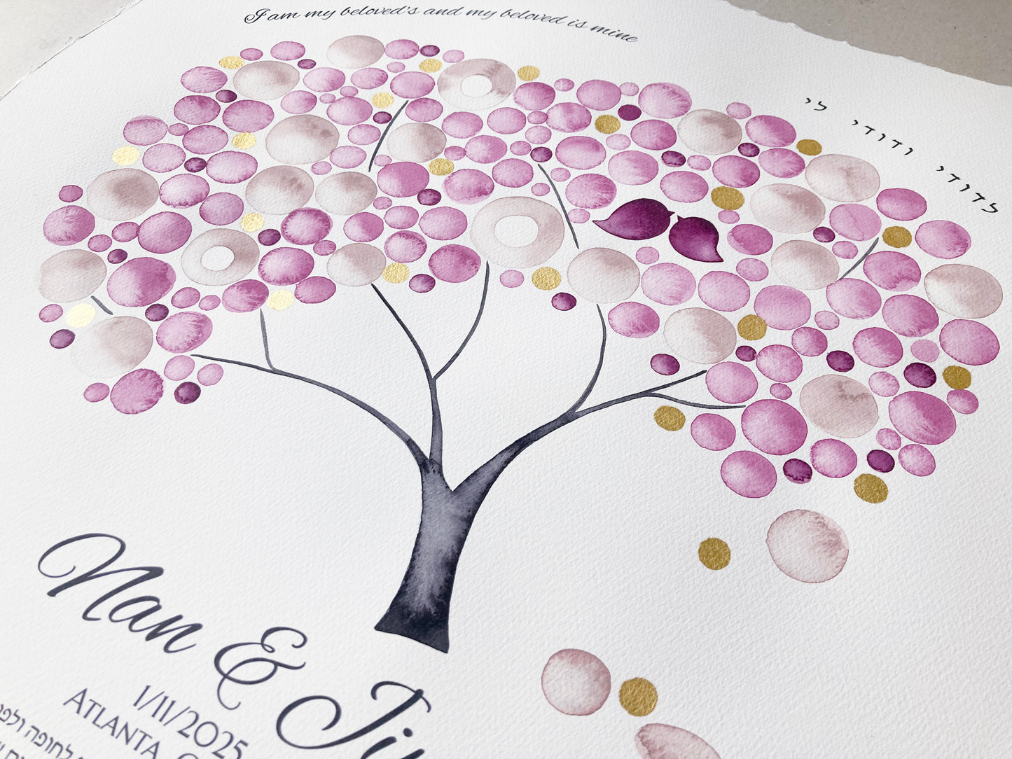 Reserved Listing for Nan H. - Gold Blush Lovebirds Tree of Life Ketubah | Watercolor Jewish Wedding Certificate | Personalized with Modern Printed Text