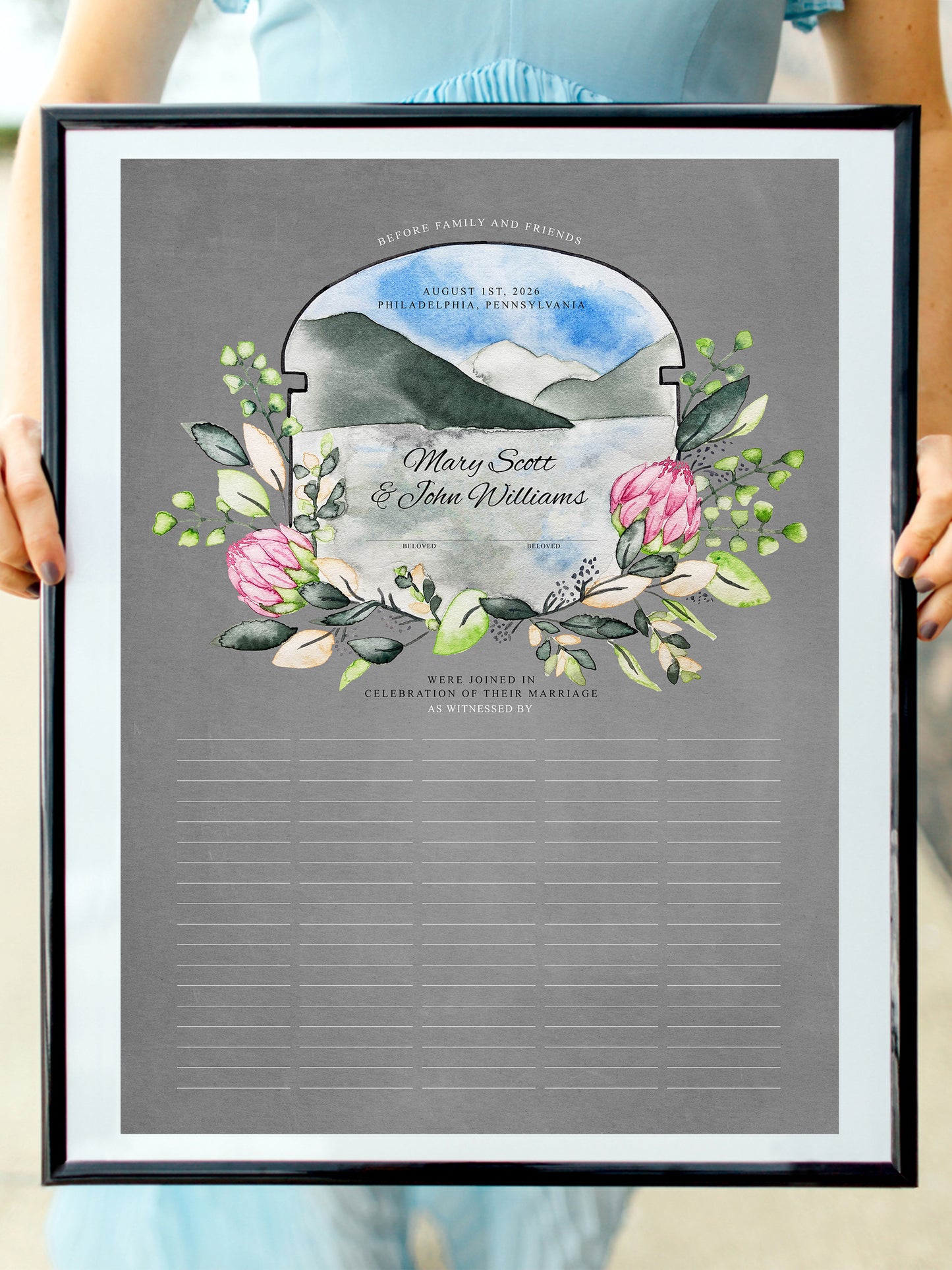 Modern King Protea Quaker Marriage Certificate | Tranquil Mountain Lake Boho Wedding | Fine Art Marriage Keepsake