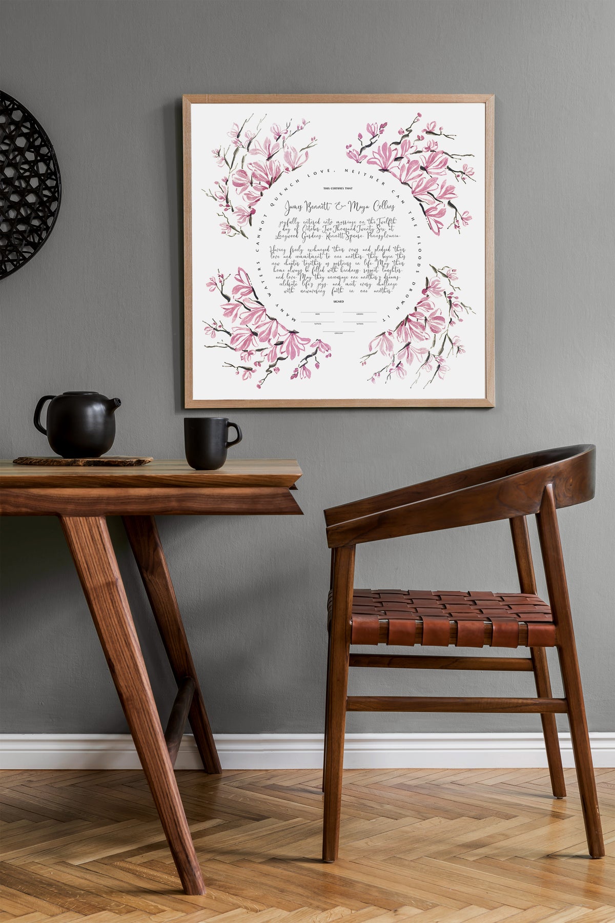 Pink Saucer Magnolia Wedding Certificate, Botanical Watercolor Print | Beauty, Grace & New Beginnings | Elegant Ceremony Keepsake