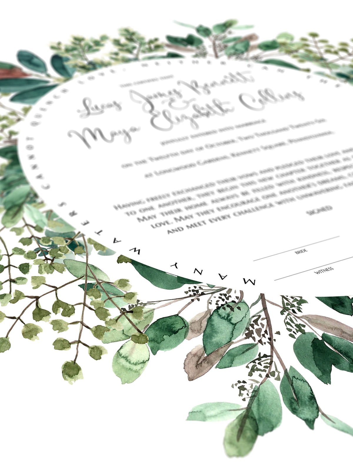 Mixed Leaf Greenery Wreath Marriage Certificate Print | Growth, Simplicity & Peace | Timeless Wedding Keepsake