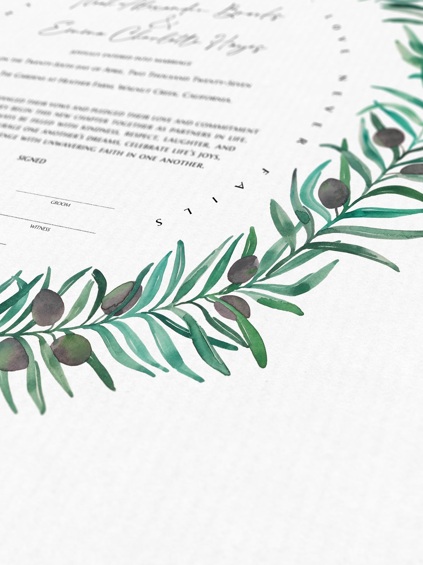 Olive Wreath Wedding Certificate, Botanical Fine Art Print | Peace & Unity | Gift for the Couple, Ceremony Keepsake