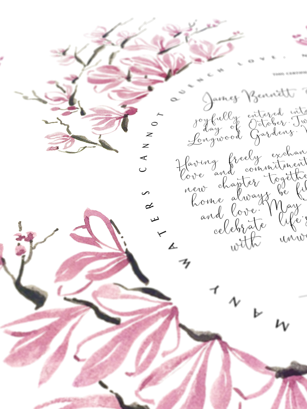 Pink Saucer Magnolia Wedding Certificate, Botanical Watercolor Print | Beauty, Grace & New Beginnings | Elegant Ceremony Keepsake