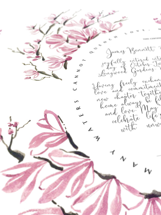 Pink Saucer Magnolia Wedding Certificate, Botanical Watercolor Print | Beauty, Grace & New Beginnings | Elegant Ceremony Keepsake