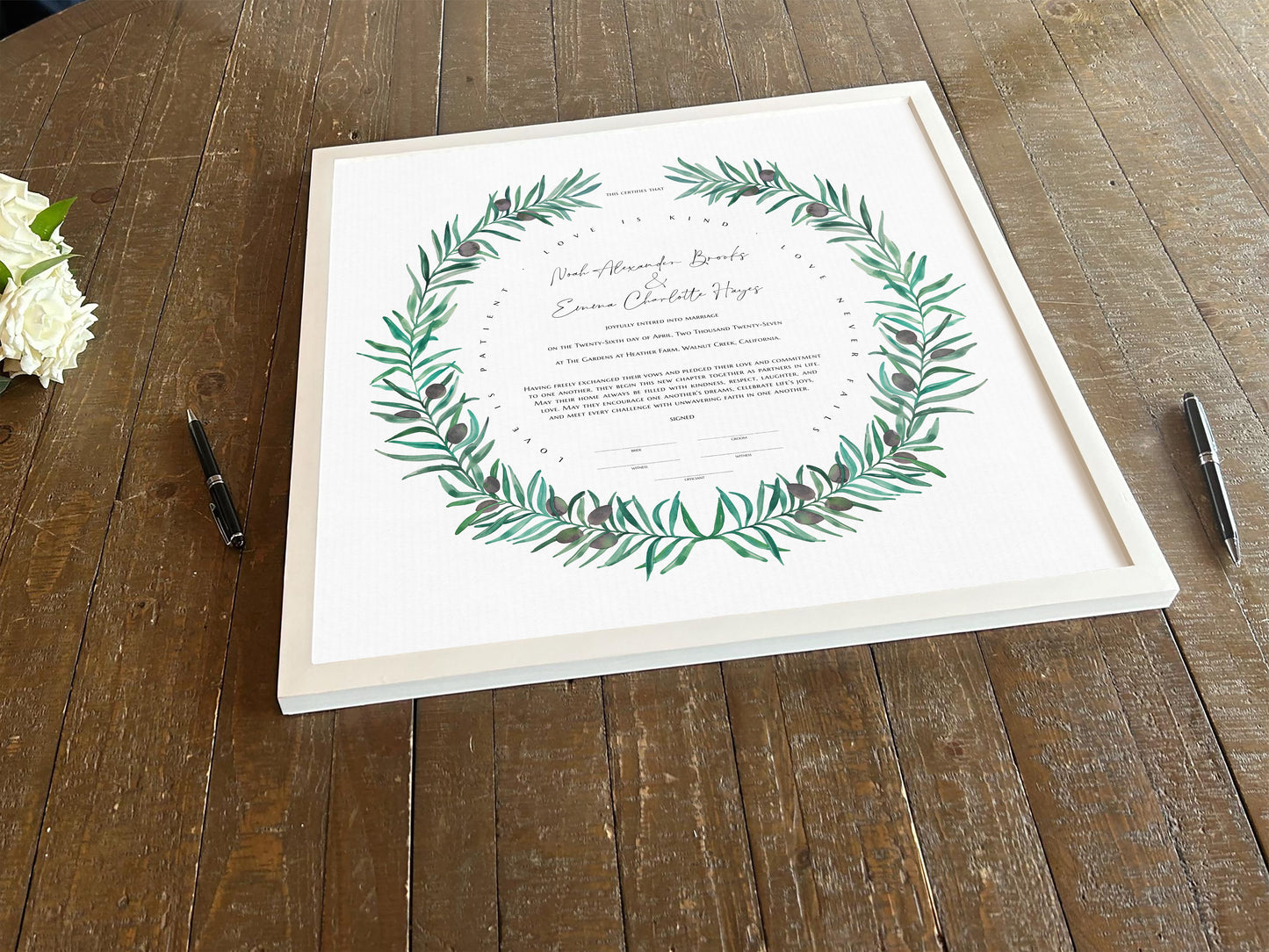 Olive Wreath Wedding Certificate, Botanical Fine Art Print | Peace & Unity | Gift for the Couple, Ceremony Keepsake