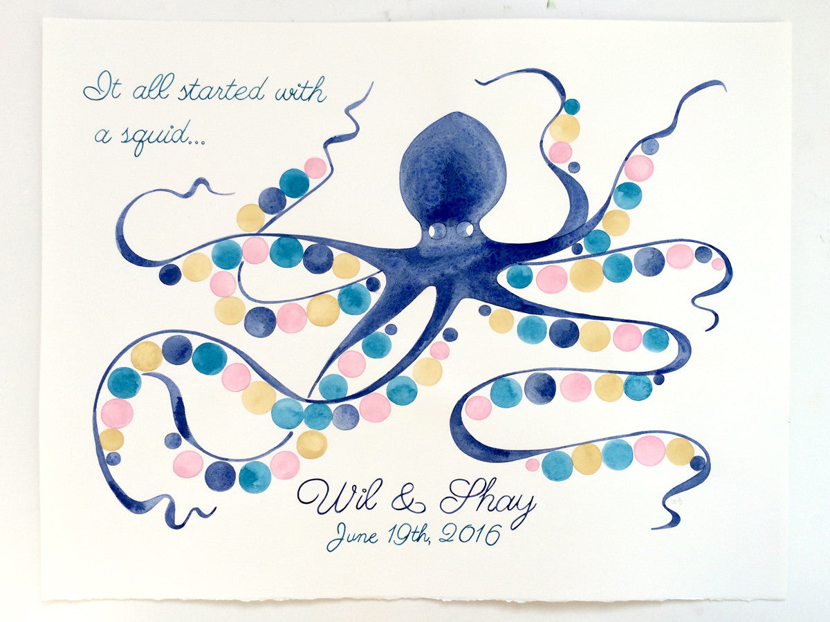 Baby shower Guest Book Alternative print - watercolor gift - SQUID