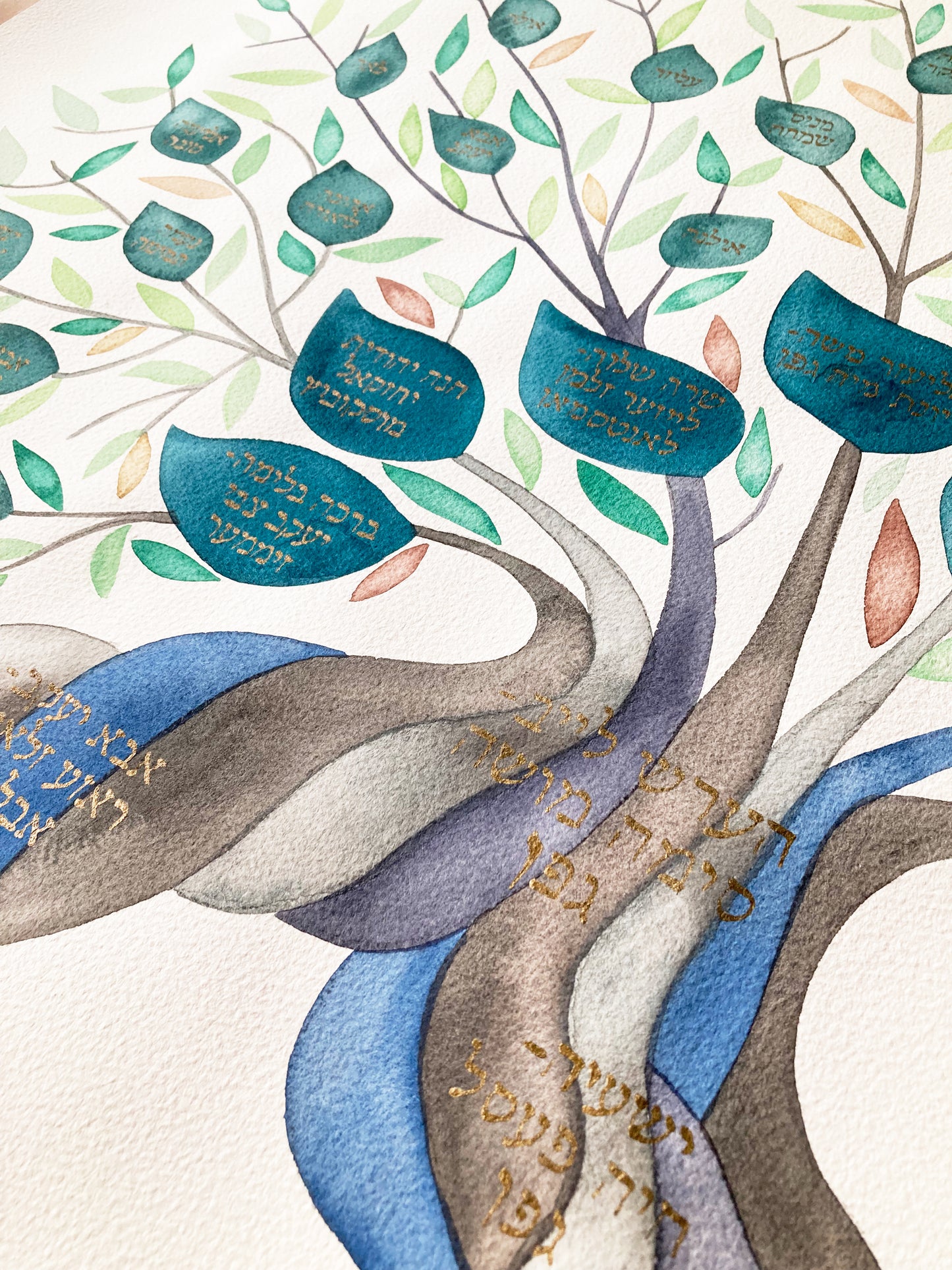 Golden custom name calligraphy on Watercolor Jewish FAMILY TREE