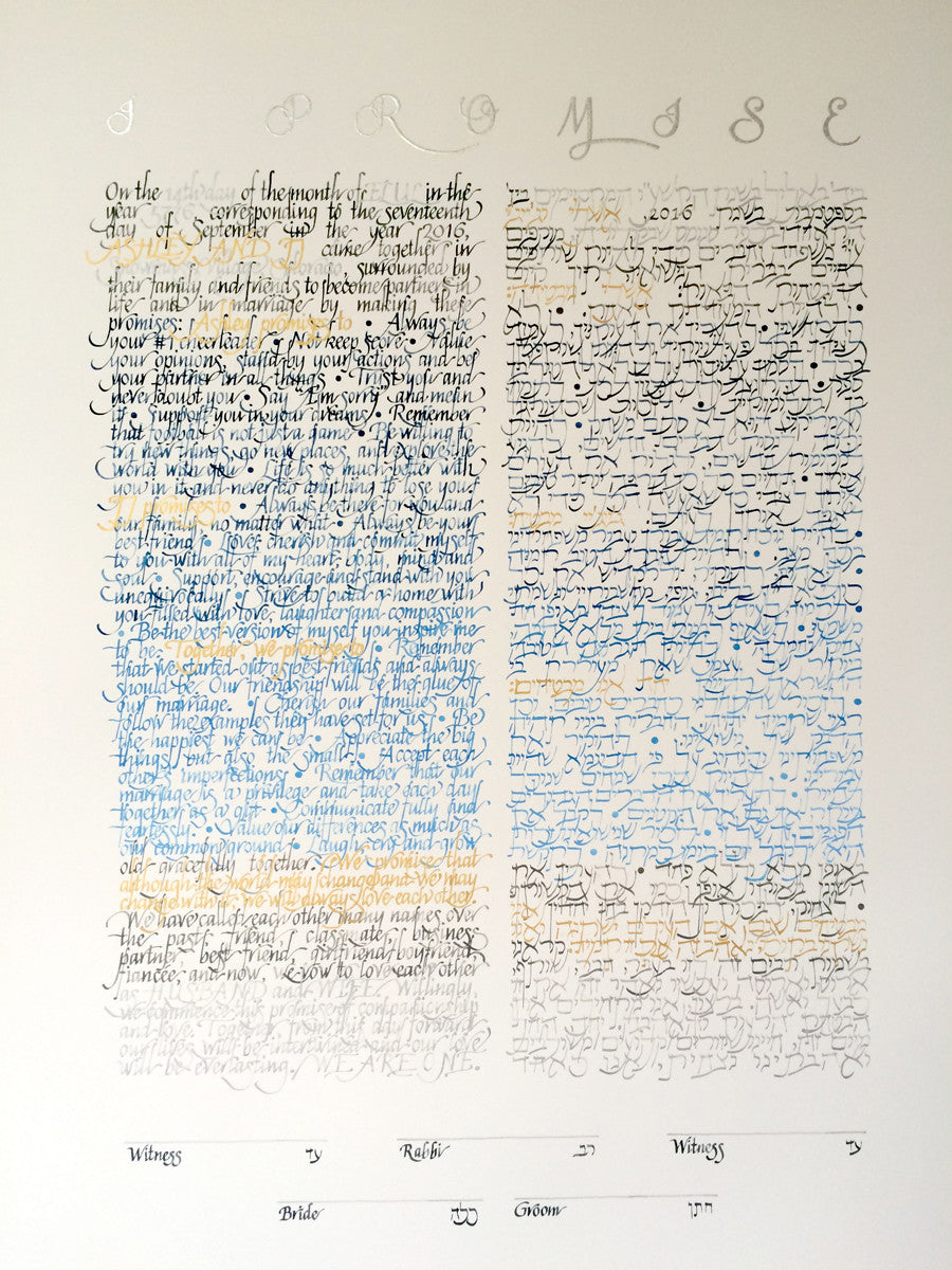 CALLIGRAPHY WATERCOLOUR KETUBAH painting with silver and gold leaf accents
