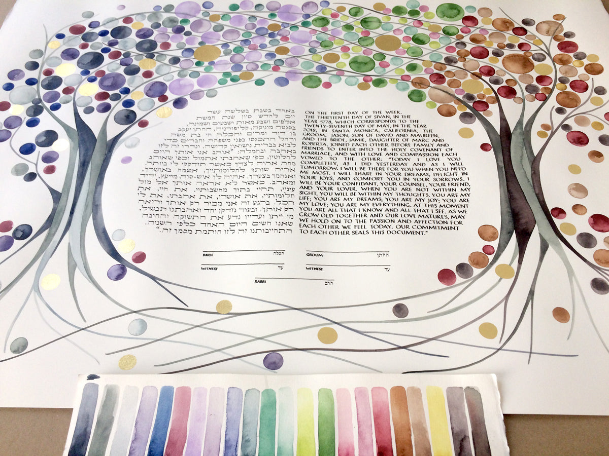 FOUR SEASONS Custom KETUBAH Commission Painting - Entangled Trees with Gold Leaf