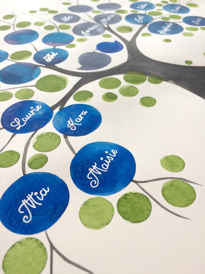 Custom Ancestry Tree watercolor painting - Silver and Gold custom names and text - Family Tree Blue by Elena Berlo