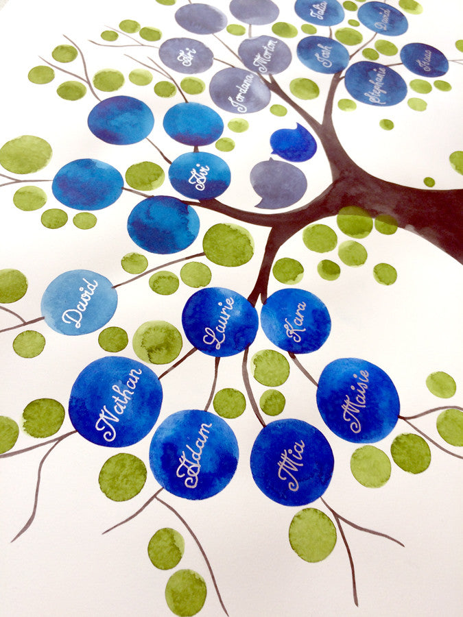 Custom Ancestry Tree watercolor painting - Silver and Gold custom names and text - Family Tree Blue by Elena Berlo