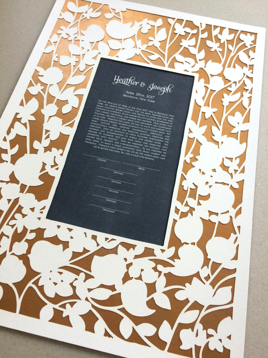 Papercut Ketubah in three layers - Papercut, art print and Metallic gold layer - BELOVED GARDEN design