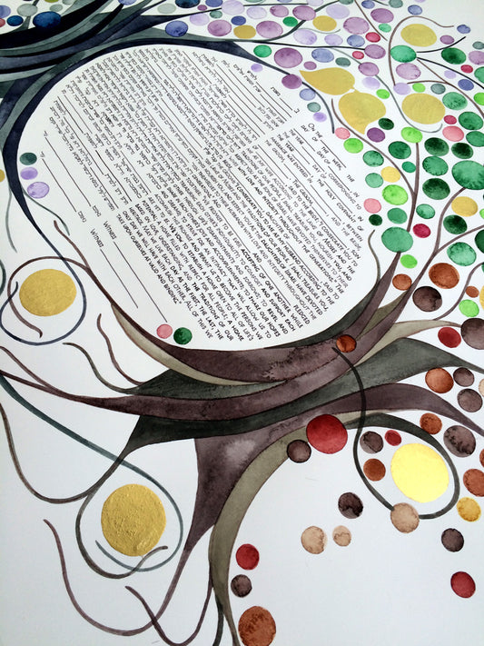 FOUR SEASONS KETUBAH Watercolor Commission Painting - Entangled Trees with Gold Leaf accents