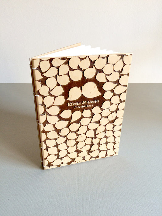 Wood Wedding Guest Book - Coptic Stitch binding Modern Sketchbook - BIRD CROWD