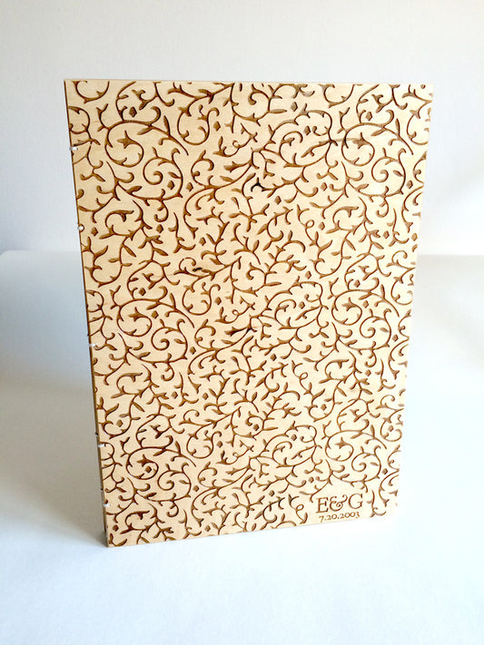 Custom Engraved Wood Guest Book - Coptic Stitch binding - DAMASK