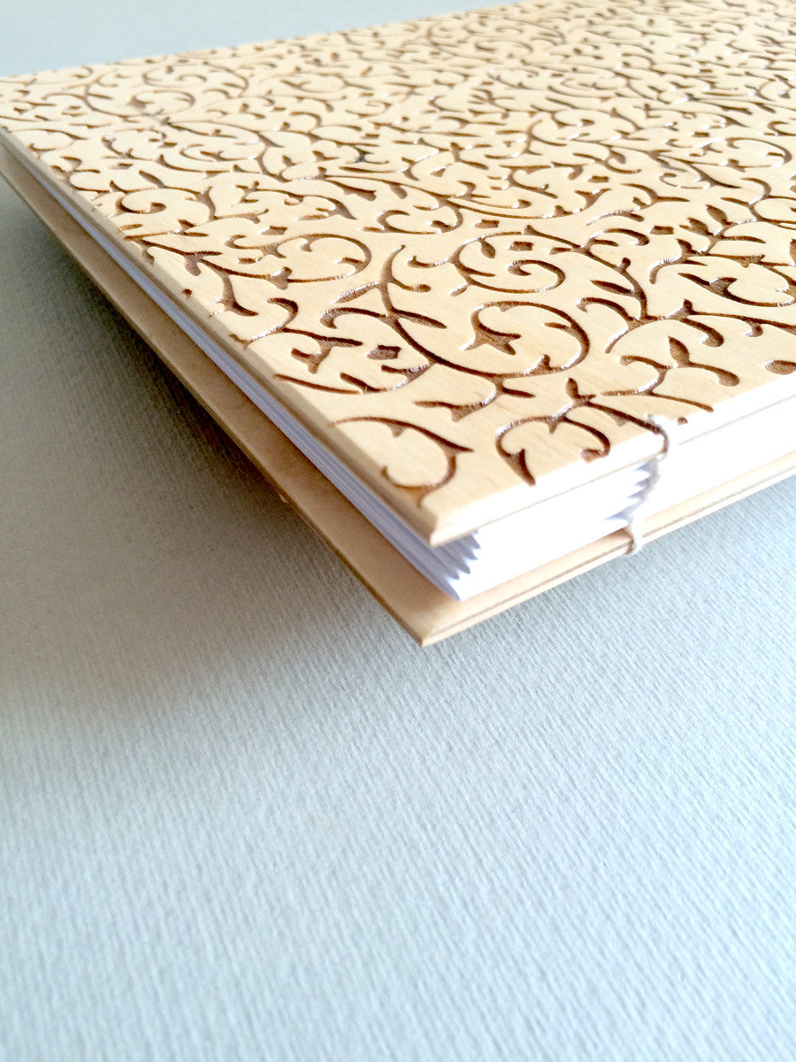 Custom Engraved Wood Guest Book - Coptic Stitch binding - DAMASK