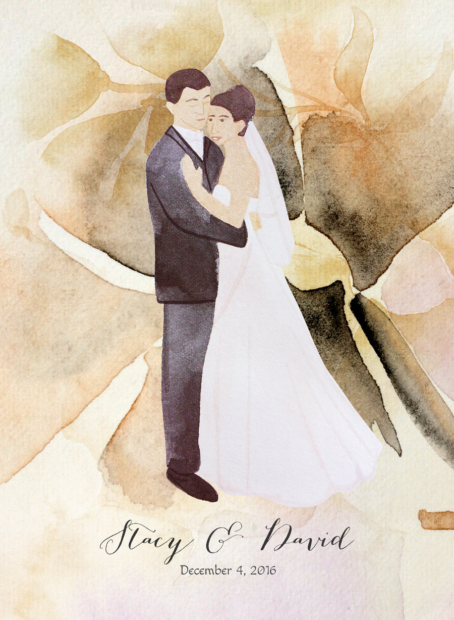 Happily just married Modern Guest Book print - with Painted Couple Portraits