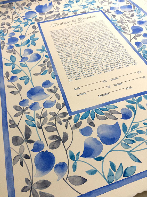 Custom wedding SET - Ketubah and matching Guest Book > Modern manuscript Watercolor Ketubah - EDEN GARDEN
