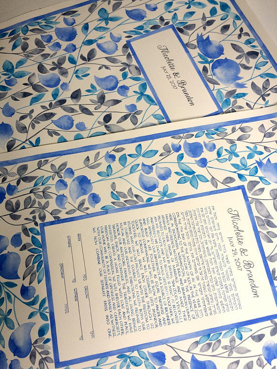 Custom wedding SET - Ketubah and matching Guest Book > Modern manuscript Watercolor Ketubah - EDEN GARDEN