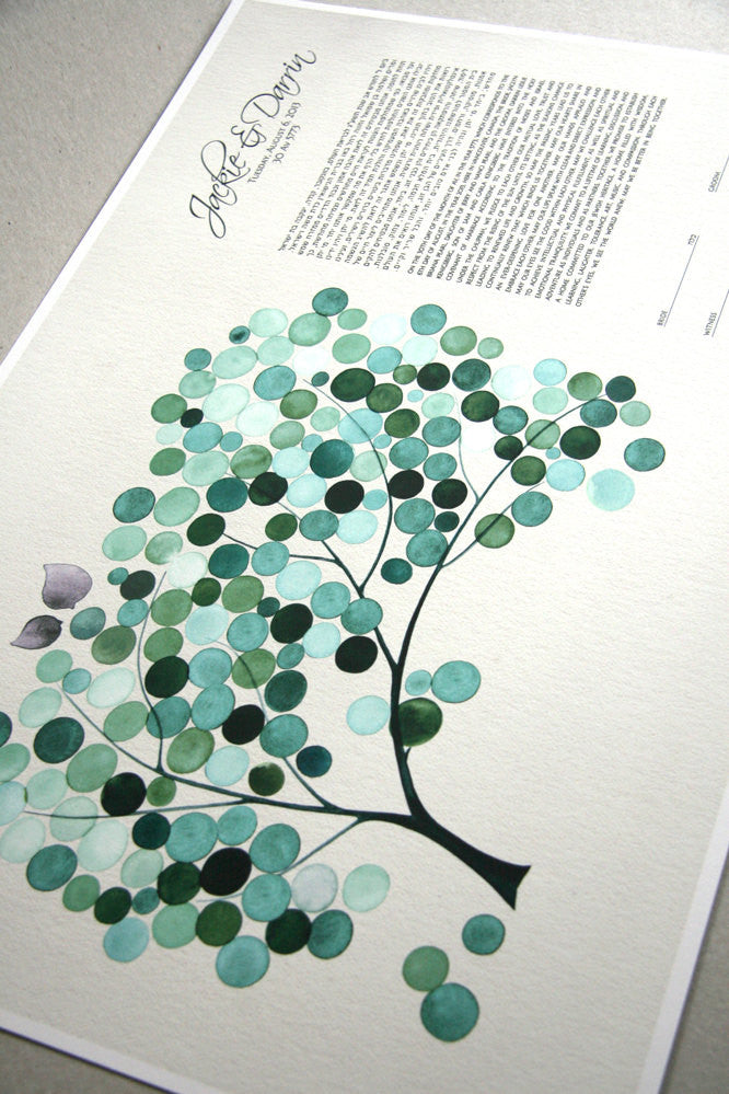 Personalized Ketubah  Trees of Life with Love Birds Cool Mint