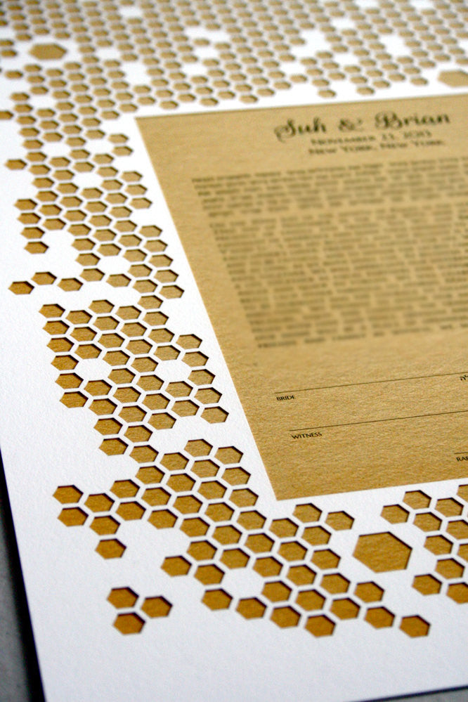 Papercut Ketubah Honeycombs, Modern abstract minimalist Ketubah Print with vintage book background