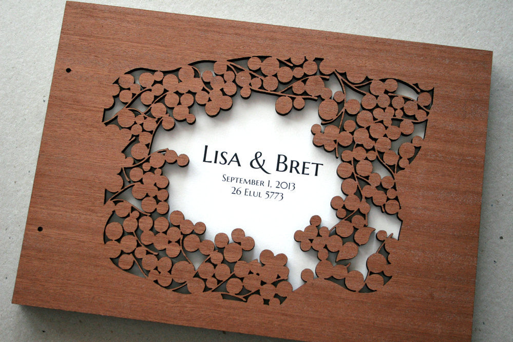 Custom Wedding Guest Book Album Branches with Love Birds, Modern minimalist guestbook album with woodcut covers