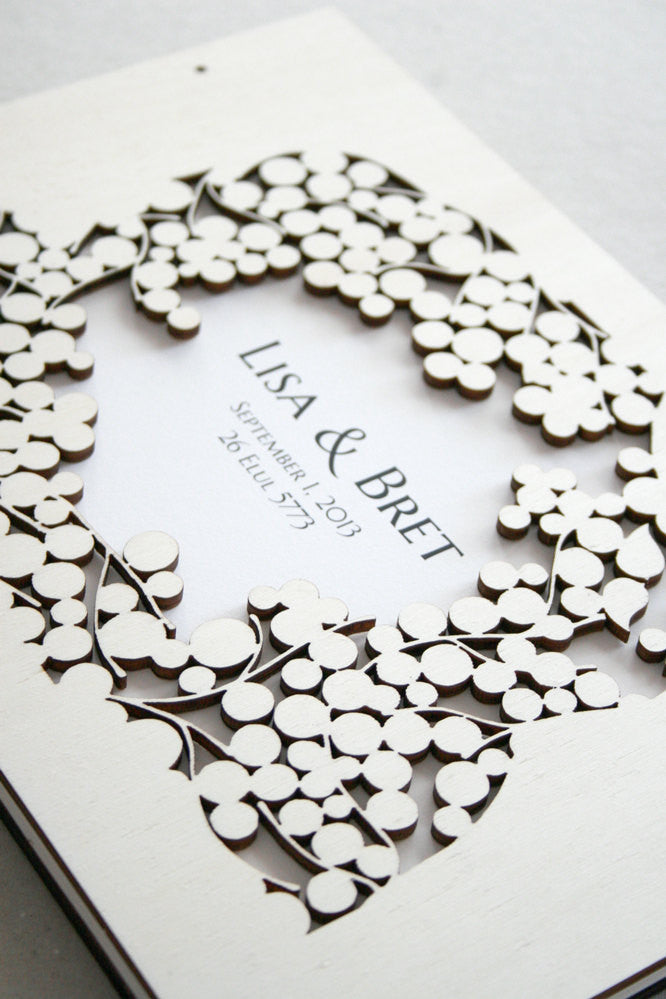 Custom Wedding Guest Book Album Branches with Love Birds, Modern anniversary guestbook album with woodcut covers
