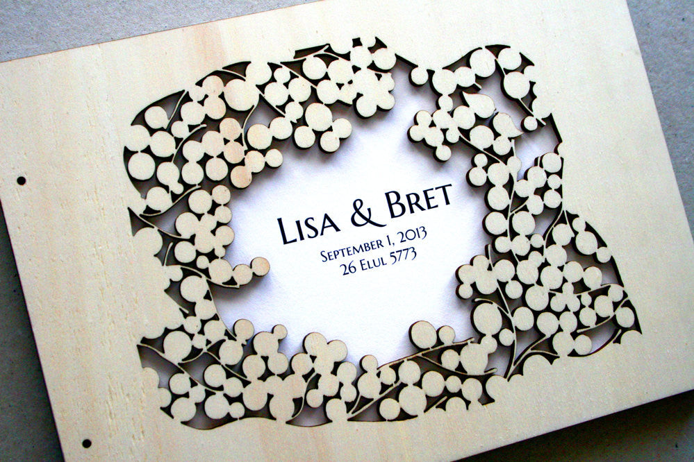 Custom Wedding Guest Book Album Branches with Love Birds, Modern abstract minimalist guestbook album with woodcut covers
